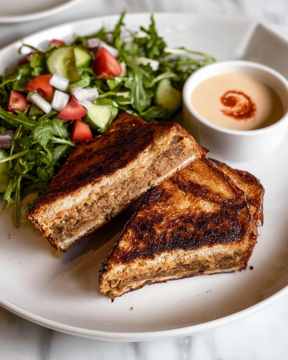 The dish shows two toasted sandwich halves stacked on a white plate with a side salad and a small white bowl of dipping sauce. Each sandwich has two visible layers: a golden-brown, crispy grilled bread outer layer with a slightly burnt edge, and a thick, brownish-beige filling with a softly textured inside. The side salad is on the left, made up of dark green arugula leaves, chopped cucumber, diced red tomatoes, and white onion pieces, giving a fresh and colorful contrast. The small white bowl at the top right contains a creamy light beige sauce with a reddish swirl on top. The whole plate is set on a white marbled surface. photo taken with an iphone --ar 4:5 --v 7