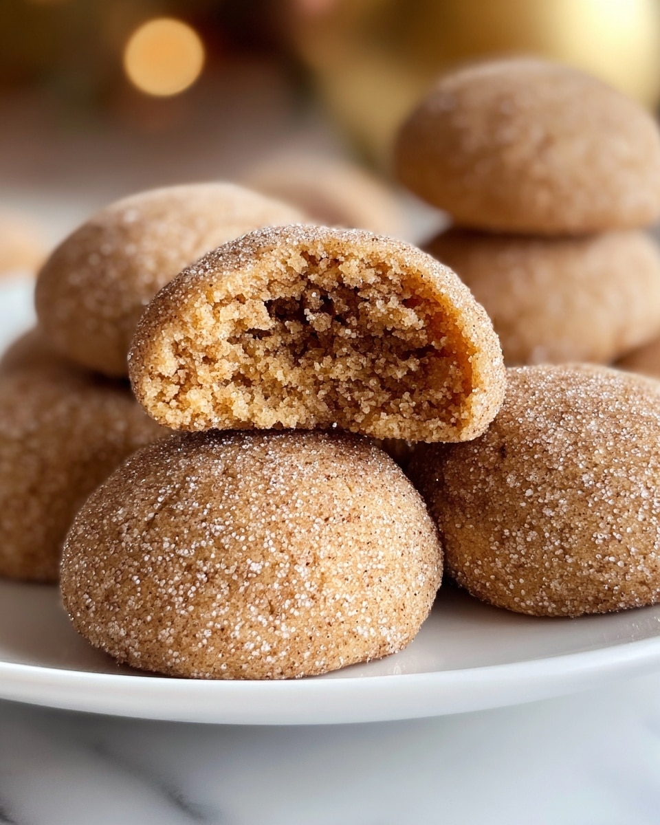 A close-up view of round cinnamon sugar-coated cookies stacked on a white plate on a white marbled surface. The cookies have a light brown color covered in sparkling sugar crystals giving them a slightly rough texture. One cookie is broken in half and placed on top of two others, revealing a soft, moist, and crumbly inner layer with darker brown specks, showing a contrast between the crunchy outside and tender inside. The background is blurred with warm lighting that highlights the sugary coating on the cookies. Photo taken with an iphone --ar 4:5 --v 7