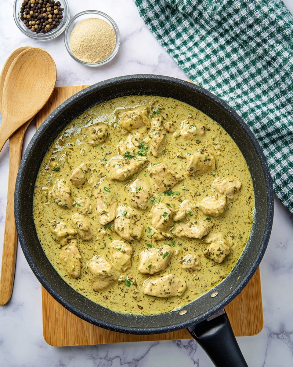 A black frying pan filled with a thick, light greenish-yellow creamy sauce with small green herb specks evenly mixed in. Large chunks of tender chicken pieces are spread throughout the sauce, coated well and showing a slightly browned surface. The pan is placed on a light wooden cutting board on a white marbled texture surface. In the background, a green and white checkered cloth partially covers the surface, with two wooden spoons resting on a blue and white checkered cloth. One spoon holds whole black peppercorns, and the other holds a beige powder, likely ground spices. Photo taken with an iphone --ar 4:5 --v 7