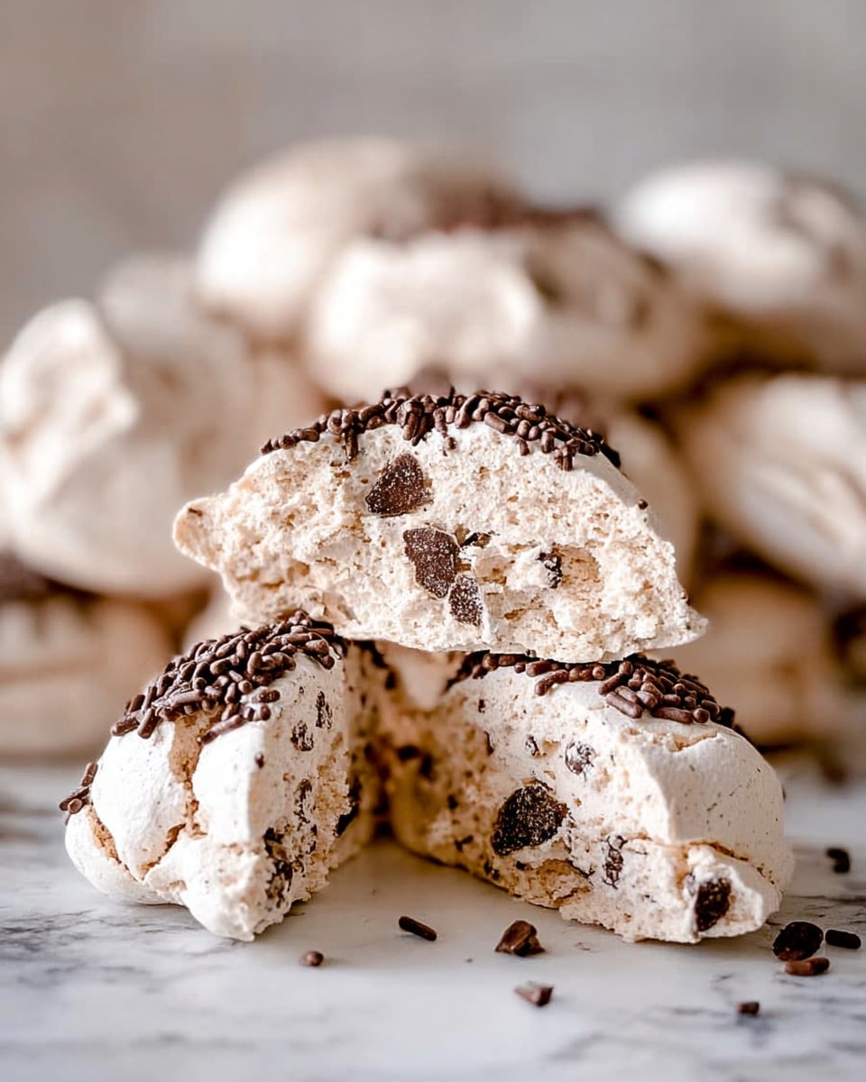 The image shows a close-up of several light brown meringue cookies with dark chocolate chips inside and chocolate sprinkles on top. Two of the cookies are broken in half and placed in the front, showing the airy and slightly rough texture inside with chocolate chips embedded throughout. The rest of the whole meringues make a blurred pile in the background, all resting on a white marbled surface. photo taken with an iphone --ar 4:5 --v 7