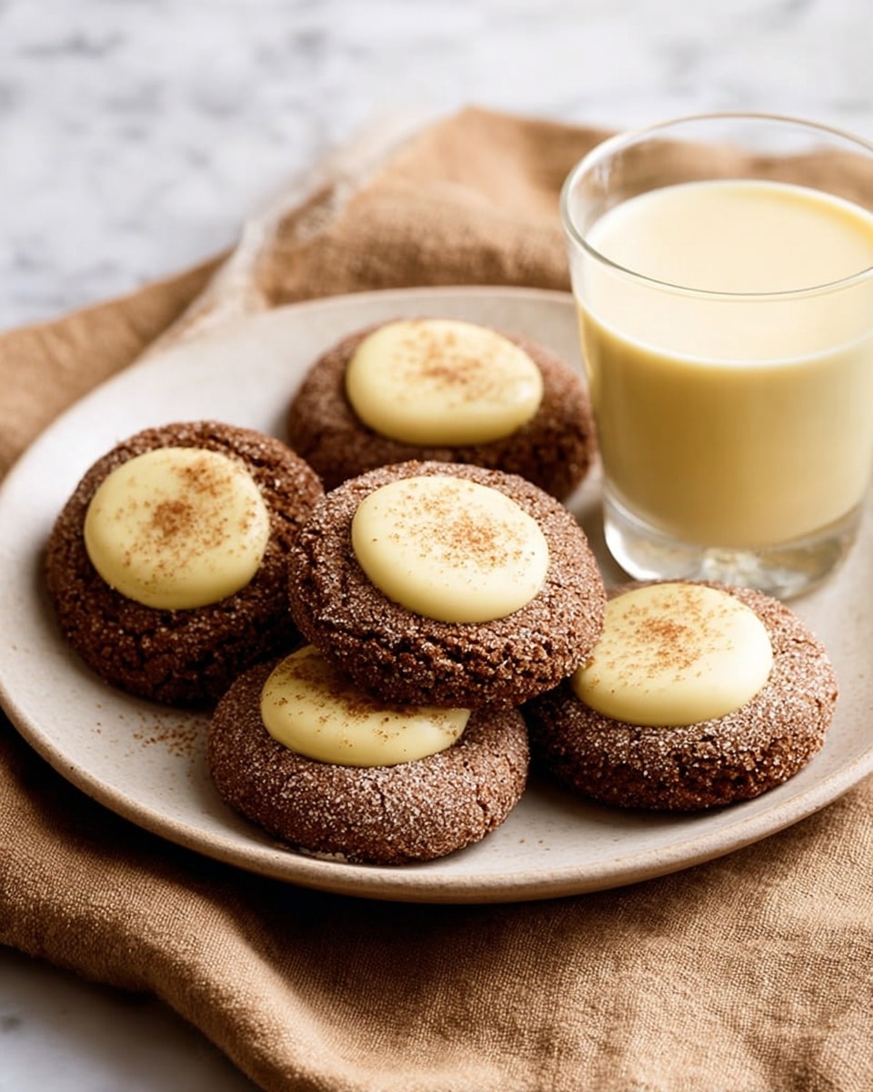 A white plate holds five round cookies arranged in a slight pile, each cookie having a dark brown, rough-textured base coated with sugar, topped with a smooth, pale yellow cream circle sprinkled with light brown spice. Next to the cookies is a small clear glass filled with a creamy, pale yellow drink. The plate rests on a soft brown cloth, and the background is a white marbled surface. photo taken with an iphone --ar 4:5 --v 7