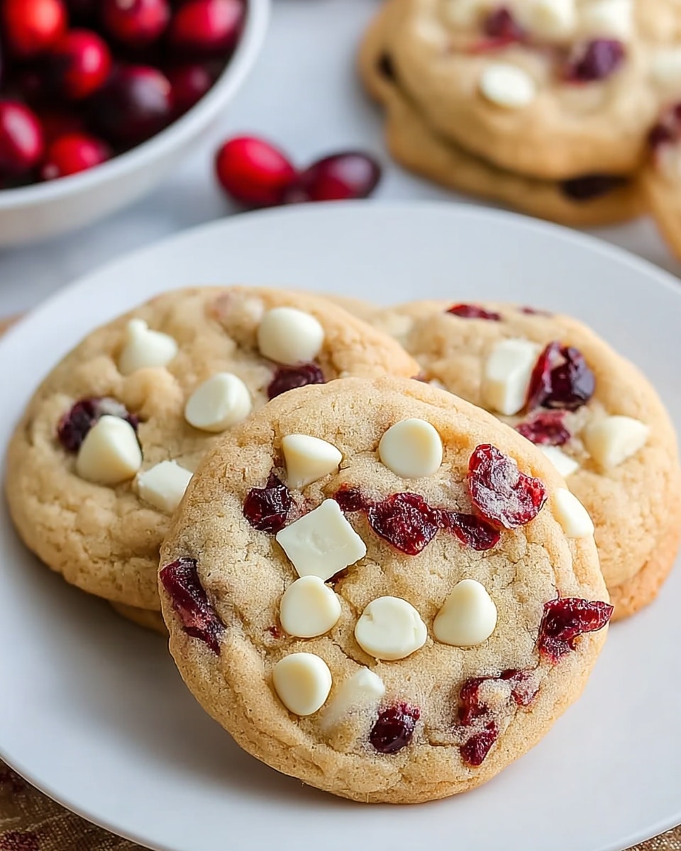 A close-up view of three soft, round cookies stacked slightly overlapping on a white plate, each cookie showing a light golden-brown base with a slightly cracked surface. The cookies are studded with large, uneven white chocolate chunks and scattered deep red dried cranberries, adding bursts of color and texture. The plate sits on a white marbled surface with blurred red cranberries and another similar white plate of cookies in the background. The overall look is warm and inviting, highlighting the contrast between the pale cookie dough, creamy white chocolate pieces, and rich red cranberries. Photo taken with an iphone --ar 4:5 --v 7