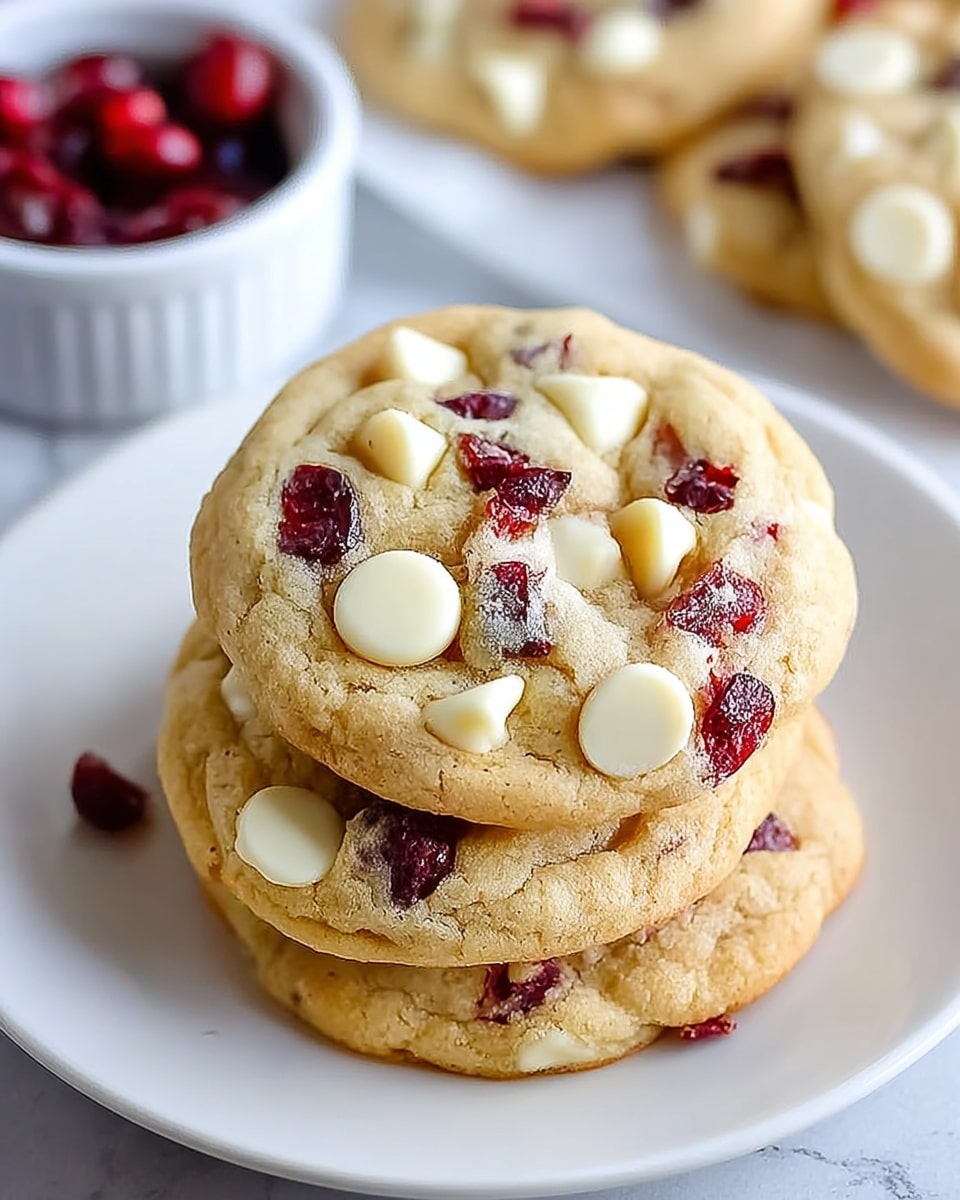 A close-up of three light golden cookies stacked on a white plate, each cookie filled with large, glossy white chocolate chunks and scattered deep red dried cranberries embedded in the soft dough, showing a slightly cracked and textured surface; in the blurred background, more cookies and a white bowl can be seen on a white marbled surface. photo taken with an iphone --ar 4:5 --v 7
