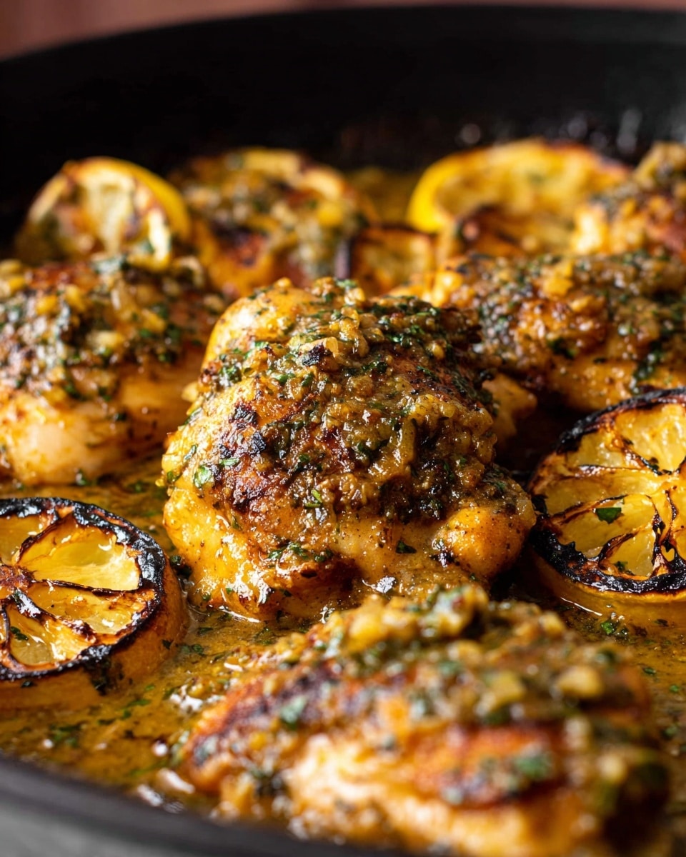 This close-up image shows several pieces of golden-brown chicken thighs cooked with a thick, textured sauce made of herbs and spices covering the chicken. The chicken pieces lie next to charred lemon halves, with their dark, grill-marked surfaces showing strong contrast against the bright yellow peel. The chicken and lemons sit in a shallow black pan, and the sauce looks rich and slightly oily, with visible bits of herbs and spices all over. The background is blurred, keeping the focus on the juicy, flavorful chicken and lemons. Photo taken with an iphone --ar 4:5 --v 7