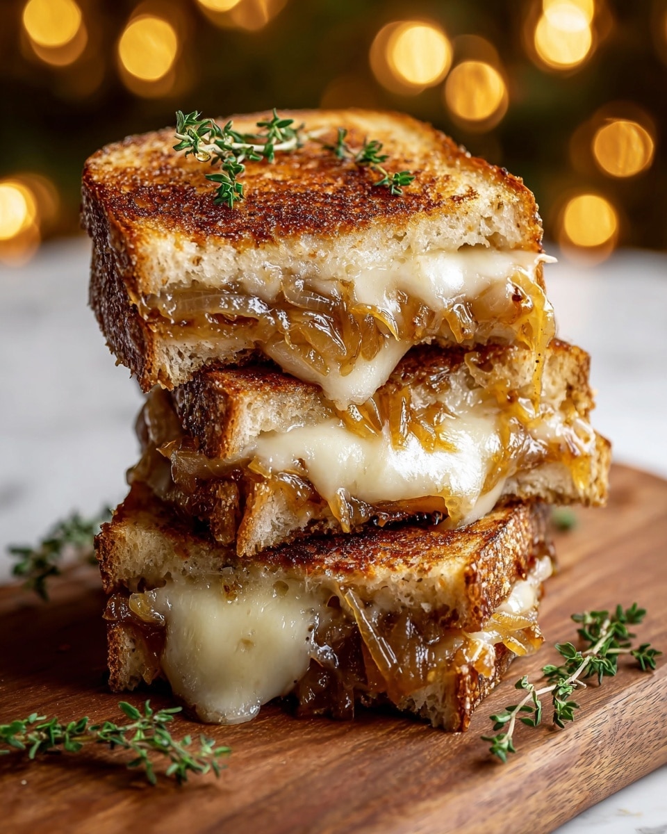 A close-up of a stacked grilled cheese sandwich cut into two halves, each half showing three layers: a crispy, golden-brown toasted bread on the top and bottom with a slightly rough texture, a middle layer of melted white cheese oozing softly between the bread slices, and caramelized onions with a shiny, soft texture and golden-brown color layered tightly above the cheese. Small green herb sprigs, likely thyme, are placed on top and around the sandwich, which rests on a wooden board with a warm tone. The background is soft and blurred with warm light bokeh, all set on a white marbled texture. photo taken with an iphone --ar 4:5 --v 7