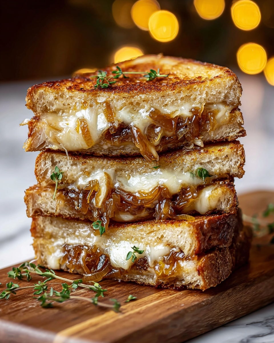 A stack of three grilled cheese sandwich triangles sits on a wooden board, each layer showing thick, golden-brown toasted bread with a slightly crisp texture. Between the bread layers, there is melted cheese that looks creamy and gooey, spilling out slightly. Inside, caramelized onions add a glossy, deep amber layer with a soft texture. Small green herb leaves are sprinkled on top and inside the filling, giving a fresh touch. The background is softly blurred with warm, round light spots. The setting is a white marbled texture. Photo taken with an iphone --ar 4:5 --v 7
