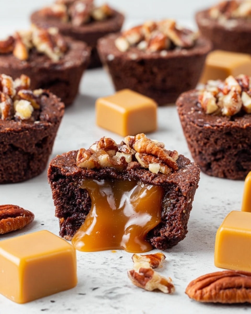 The image shows several small chocolate brownie cups with a rich, dark brown color and slightly crumbly texture, each filled with gooey caramel that spills out slightly from the top. On top of the caramel, there is a layer of chopped pecans adding a rough texture with light brown and beige tones. Around the brownie cups, there are smooth caramel squares in a light golden-brown shade and whole pecans scattered on a white marbled surface. One brownie cup in the front is cut open, showing the thick brownie layer at the bottom, sticky caramel in the middle, and nut topping, all clearly visible. Photo taken with an iphone --ar 4:5 --v 7