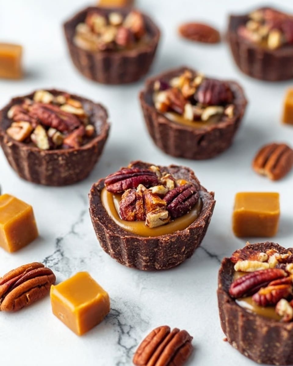 The image shows several small chocolate cups arranged on a white marbled surface. Each cup has a dark brown chocolate shell with a slightly rough texture. Inside, there is a layer of smooth caramel filling topped with a mix of pecan halves and chopped nuts, giving a crunchy texture. Around the cups, there are whole pecans and small caramel cubes scattered, adding more color and interest. The overall look is rich and inviting, with a mix of dark brown, golden caramel, and reddish-brown nuts. Photo taken with an iphone --ar 4:5 --v 7