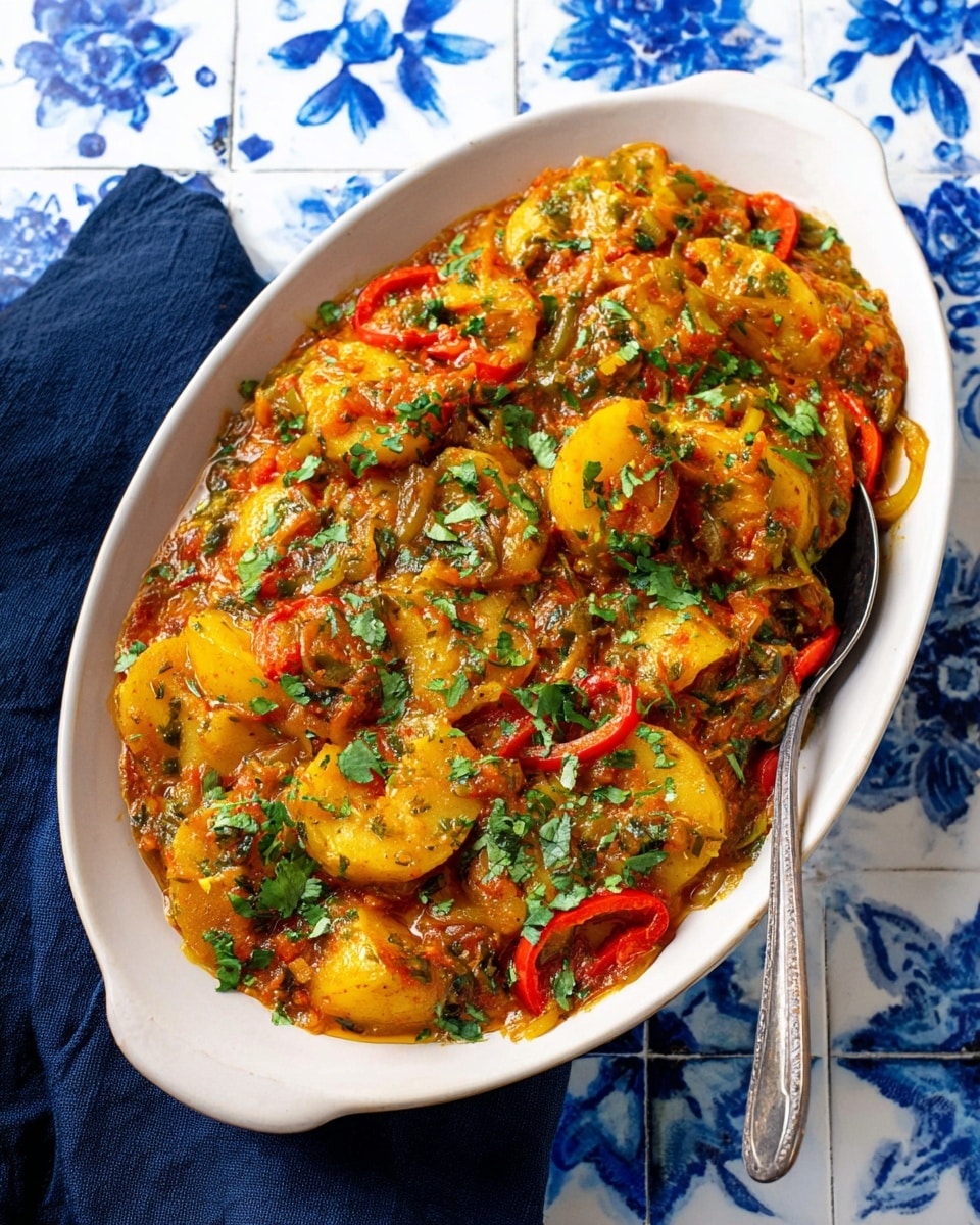 A white oval dish filled with a thick, chunky stew made of soft, yellow potatoes, green and red bell pepper slices, and finely chopped herbs like cilantro, all mixed in a rich, orange-brown sauce with visible bits of tomato and onion; a large silver spoon rests inside the dish, and the dish is placed on a white marbled surface with blue floral tiles, accompanied by a dark blue cloth napkin on the side. Photo taken with an iphone --ar 4:5 --v 7