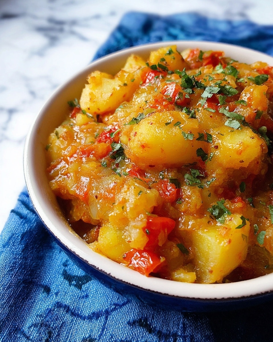 A close-up of a thick stew served in a white bowl filled with chunky yellow pieces that look soft and cooked, mixed with red tomato pieces and small bits of green herbs sprinkled on top. The stew has a slightly shiny, saucy texture that coats the large soft pieces and is set on a blue cloth on a white marbled surface. photo taken with an iphone --ar 4:5 --v 7