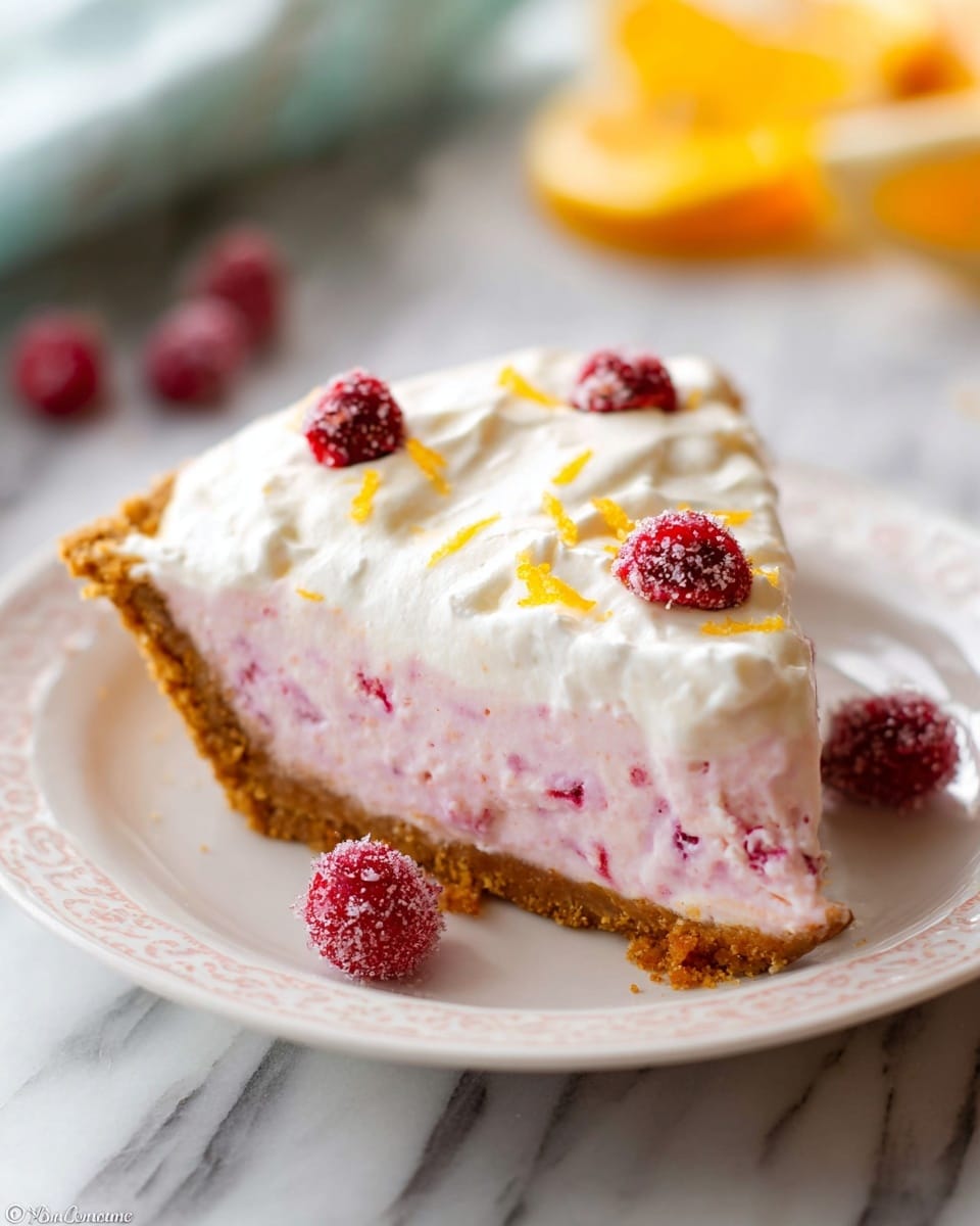 A slice of pie with three layers sits on a white plate with a delicate pattern. The bottom layer is a light brown crumbly crust that holds the pie together. The middle layer is a thick, creamy pink filling with small bits of red fruit mixed in. The top layer is a smooth, white whipped cream topping, decorated with small sugared red berries and tiny orange zest pieces scattered on it. Around the slice on the plate are a few sugared red berries. The background shows a white marbled texture and some blurred bright yellow and white elements. photo taken with an iphone --ar 4:5 --v 7