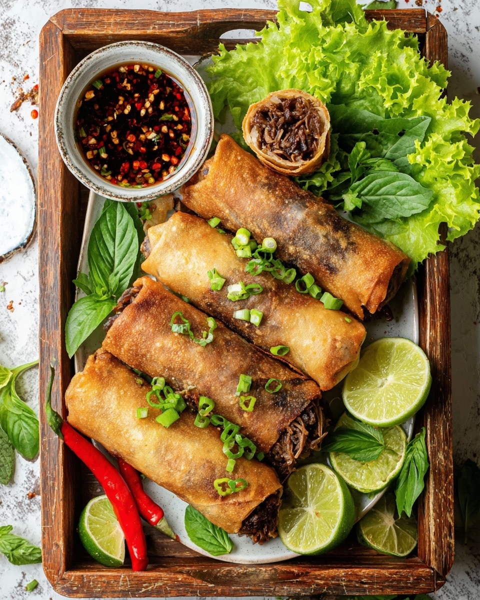 A wooden tray holds a white plate filled with five golden-brown spring rolls, one cut open at the top showing dark, shredded meat inside. The spring rolls are sprinkled with chopped green onions and rest on fresh green basil leaves. Bright red chili slices and two light green lime wedges sit on the plate's bottom right. On the tray's upper left, two small bowls contain dark, spicy dipping sauce dotted with chili flakes. Fresh green lettuce leaves are placed near the top right of the plate, all set on a white marbled surface. Photo taken with an iphone --ar 4:5 --v 7