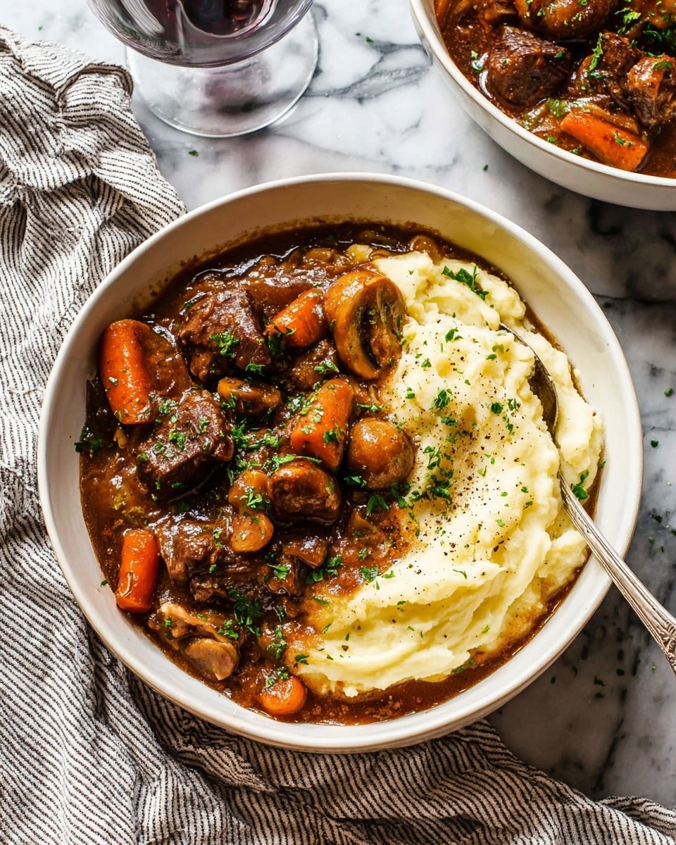 A white bowl containing two main layers: the bottom layer is smooth, creamy mashed potatoes, pale yellow in color, slightly topped with some black pepper and finely chopped green herbs; the top layer is a rich brown beef stew with visible chunks of tender beef, small round onions, orange carrot pieces, and mushroom slices, all coated in a glossy thick gravy. The stew partially covers the mashed potatoes. The bowl is placed on a white marbled surface with a striped cloth napkin underneath, and a spoon is partially dipped into the stew. A second white bowl with a similar dish is shown slightly in the background, along with the stem of a wine glass. Photo taken with an iphone --ar 4:5 --v 7