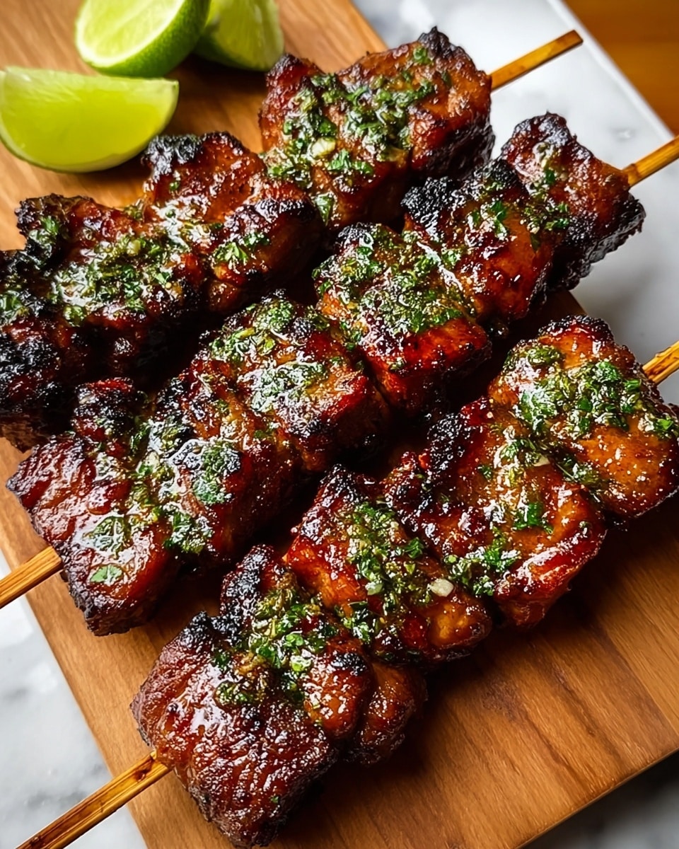Three wooden skewers each hold five to six pieces of grilled meat, with a rich brown and slightly charred surface, topped with small green herb bits. The meat looks juicy and shiny with a glaze. The skewers rest on a rectangular wooden board placed on a white plate. Two lime halves with a bright green color sit at the top left corner of the plate. The whole scene is set on a white marbled surface. Photo taken with an iphone --ar 4:5 --v 7