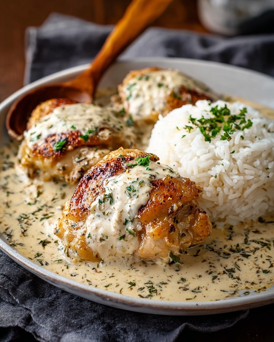 The dish is served in a black cast iron pan filled with a base layer of fluffy white rice, topped with five pieces of golden-brown roasted chicken thighs. Each chicken piece is covered with a creamy white sauce mixed with small bits of herbs and spices, sprinkled with finely chopped green herbs over the top. The rice peeks out from under the sauce and chicken, showing a soft texture with some scattered bits of seasoning. The overall look is warm and inviting, with the sauce adding a glossy texture to the crispy chicken skin. The background shows a white marbled surface with a blurred brown bowl holding green herbs and a silver spoon resting nearby. Photo taken with an iphone --ar 4:5 --v 7
