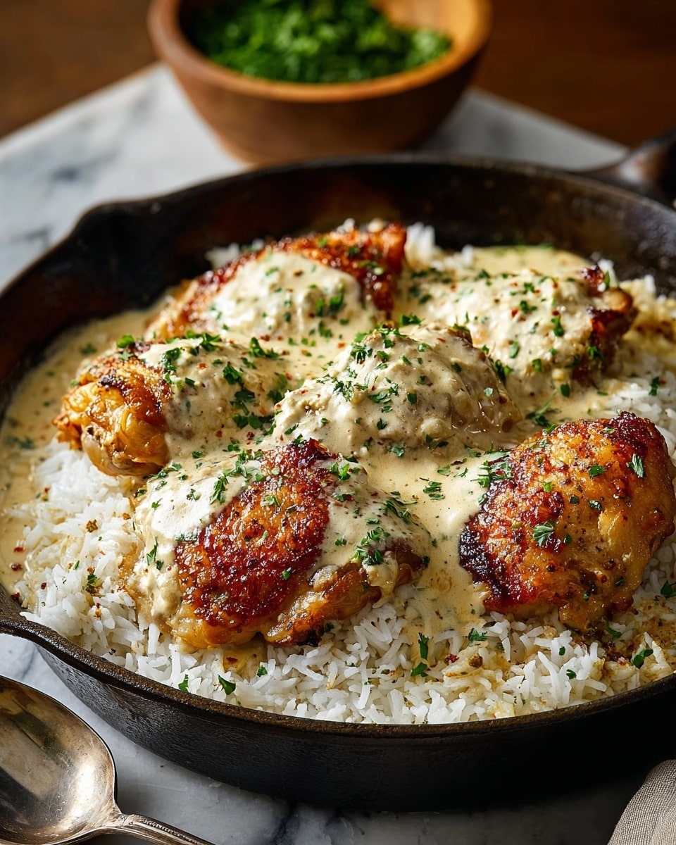 A close-up view of three browned chicken thighs sitting in a creamy white sauce with visible herbs, covering part of the chicken. To the right, a mound of fluffy white rice with some herbs on top sits on a white plate, all placed on a white marbled textured surface. The chicken has a crispy, golden-brown texture under the sauce, which has specks of green herbs throughout. The background shows a wooden spoon resting on a dark cloth, with soft lighting that highlights the creamy sauce and the juicy chicken texture. Photo taken with an iphone --ar 4:5 --v 7