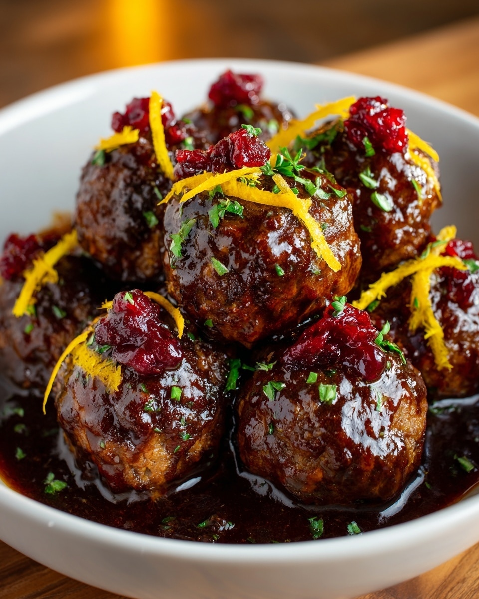 A white bowl filled with about eight golden-brown meatballs, each stamped with a glossy layer of a rich, dark sauce. Some meatballs are topped with bright orange zest strips and small sprigs of green herbs, while a few have dollops of deep red cranberry sauce on top. The meatballs are nestled together, sitting in a pool of the thick, shiny sauce, and tiny bits of chopped green herbs are scattered all around. The background has a soft focus with a warm wooden tone. photo taken with an iphone --ar 4:5 --v 7