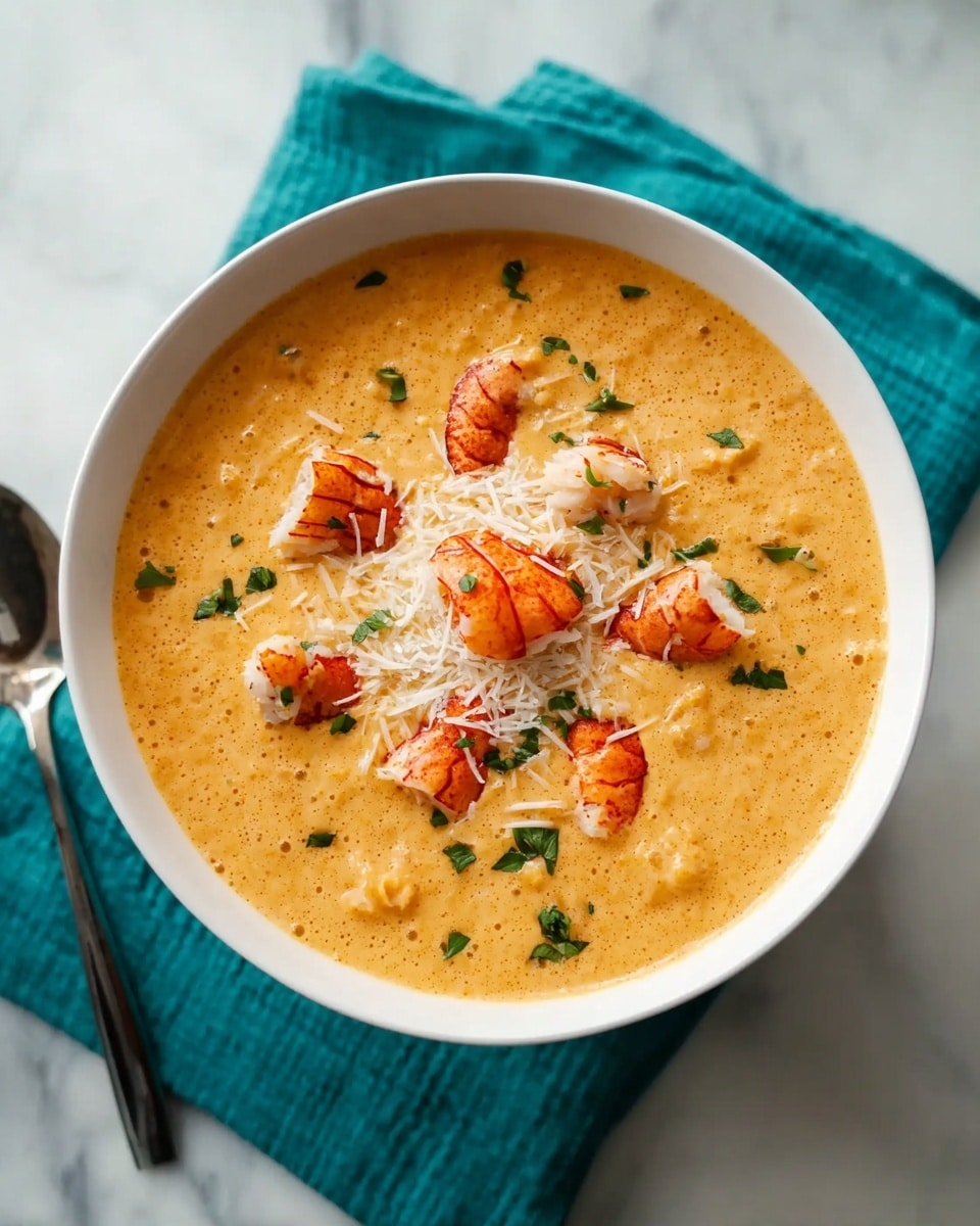 A white bowl filled with creamy orange soup that has a thick texture and small chunks throughout. On top, there are six small pieces of bright orange lobster tails arranged in a circle with white shredded cheese in the middle, sprinkled with small green herb leaves scattered around the soup. The bowl sits on a teal cloth on a white marbled surface. photo taken with an iphone --ar 4:5 --v 7