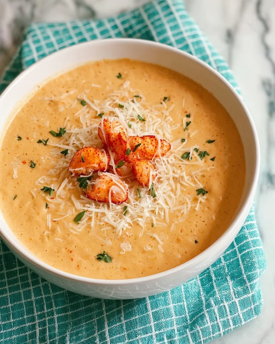 A white bowl filled with thick, creamy, light orange soup, topped in the center with several small, bright orange lobster pieces, a pile of finely shredded white cheese, and small green herb bits sprinkled around. The bowl is placed on a teal cloth with a subtle checked pattern, set against a white marbled surface. Photo taken with an iphone --ar 4:5 --v 7