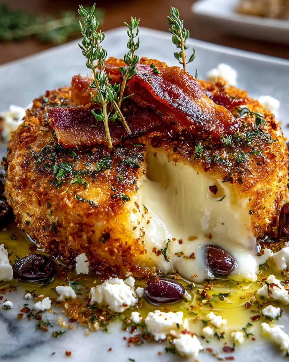 A golden-brown, round fried cheese patty sits at the center with a crispy outer layer showing coarse breadcrumbs and herbs like thyme and pepper on top. A wedge is cut out, revealing soft, melted white cheese oozing out. On top, there are two crispy bacon strips with green herb sprigs standing up vertically. Around the cheese, there are scattered small white cheese crumbles, dark shiny olives, and herbs, all resting on a white plate placed on a white marbled surface. There is a drizzle of olive oil and more herbs and spices sprinkled over everything. Photo taken with an iphone --ar 4:5 --v 7