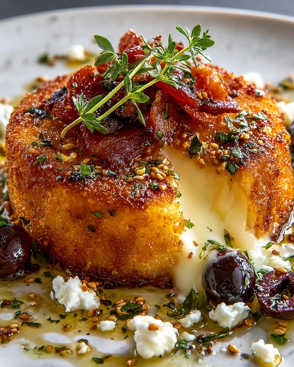 A single round, golden-brown fried cheese patty with a crunchy textured crust sits on a white plate. The patty has a thick layer of smooth, melting cheese inside that is oozing out from a cut on one side. On top, crispy bacon strips and sprigs of fresh green herbs are placed as garnish. Surrounding the patty are scattered white crumbled cheese pieces and shiny dark olives, all drizzled with a glossy herb-infused oil sprinkled with coarse mustard seeds and small green herb leaves. The white marbled texture background adds a clean and elegant look. Photo taken with an iphone --ar 4:5 --v 7