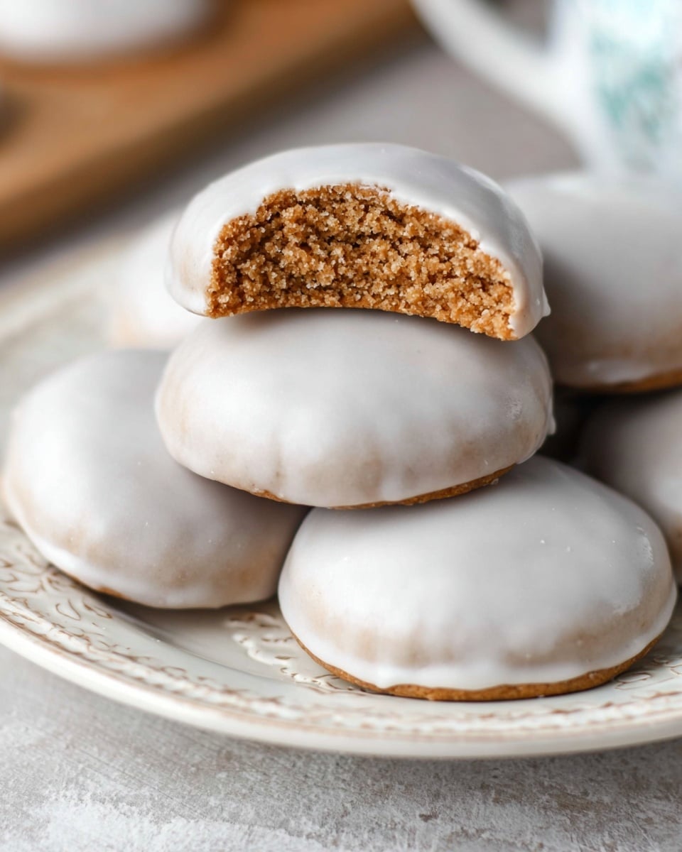 A close-up of round gingerbread cookies covered in a smooth, shiny white glaze. The cookies have a slightly domed shape with a light brown textured inside visible on one cookie that has a bite taken out of it. They are stacked on a detailed white plate with a subtle ornamental rim, all set against a soft white marbled textured surface in the background. photo taken with an iphone --ar 4:5 --v 7