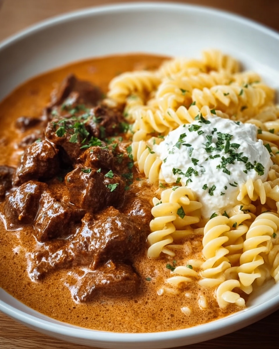 A white bowl filled with three main layers: the bottom layer is a thick, creamy, light brown sauce that covers the entire base; on the left side, there are several pieces of dark brown beef chunks coated in the sauce; on the right side, there is a portion of light yellow spiral pasta sprinkled with small green herb pieces; in the middle, there is a small dollop of white cream also topped with green herbs. photo taken with an iphone --ar 4:5 --v 7