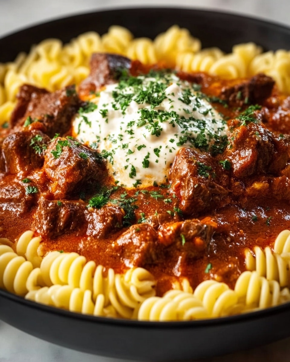 A close-up of a black bowl filled with layers of food: spiral-shaped yellow pasta forming an outer ring with a soft texture, a thick reddish-brown beef stew with chunky, browned meat pieces in the middle, topped with a dollop of creamy white sauce sprinkled with finely chopped green herbs. The food sits on a white marbled surface. photo taken with an iphone --ar 4:5 --v 7