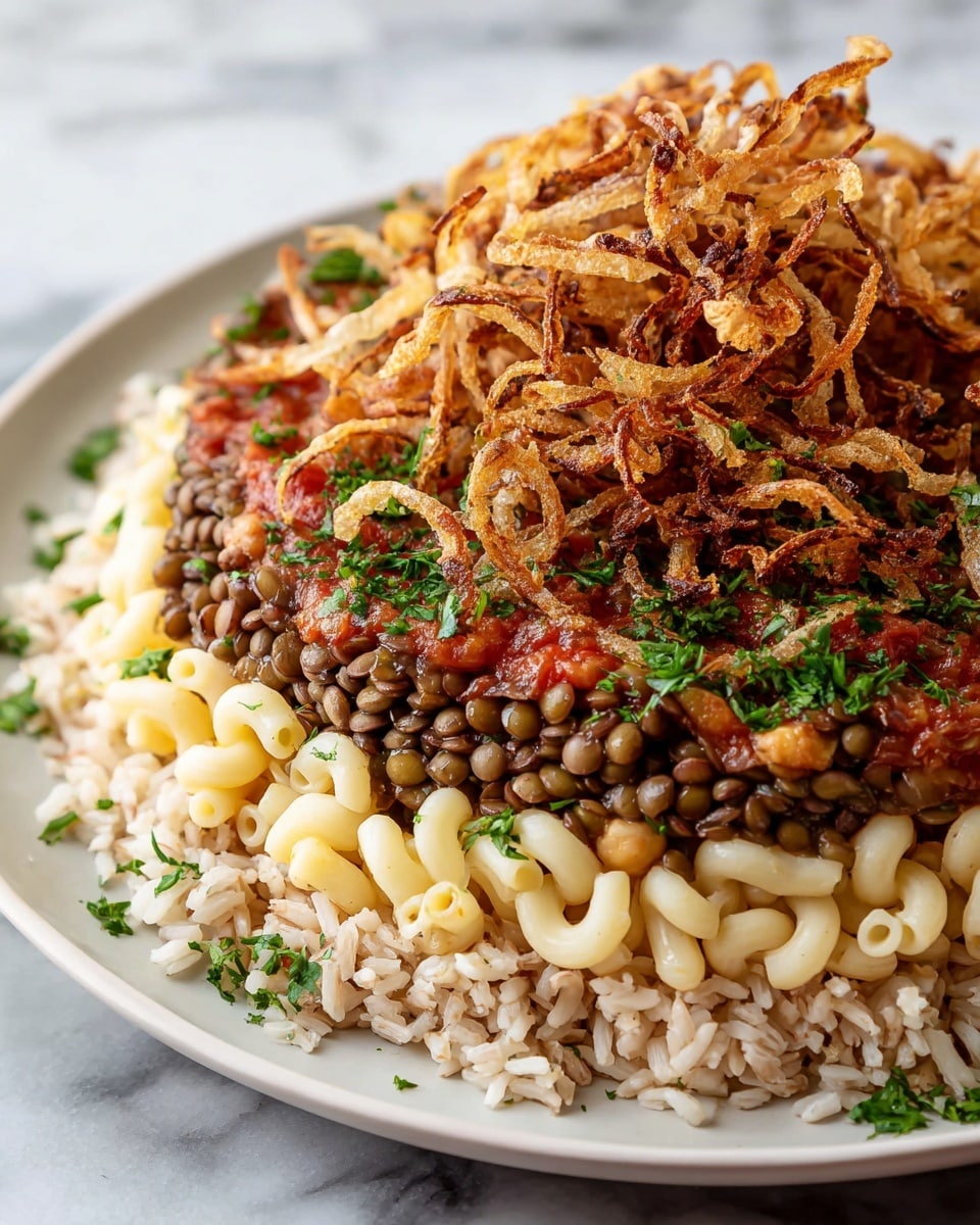 A close-up view of a round dish with four visible layers stacked evenly on a white plate set on a white marbled surface. The bottom layer is a bed of light brown rice with separated grains. Above it, there is a thick layer of small, dark green lentils, spread evenly. On top of the lentils, there is a layer of pale yellow cooked elbow pasta, partly covered with some red tomato sauce and chickpeas scattered around. The top layer is a pile of thin, crispy fried onions, golden brown with some darker edges, sprinkled lightly with green fresh herbs. Photo taken with an iphone --ar 4:5 --v 7