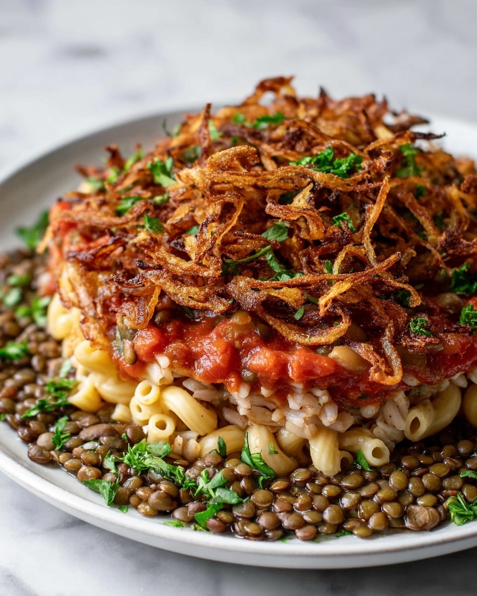 A dish with four clear layers is shown on a white plate on a white marbled surface. The bottom layer is light brown rice mixed with greenish-brown lentils, spread evenly across the plate. On top of this sits a layer of pale yellow elbow macaroni pasta, with lentils peeking through between the noodles. The third layer is rich red tomato sauce containing small white beans, covering part of the pasta. The top layer consists of a large amount of crispy, golden-brown fried onions scattered generously, with bright green chopped herbs sprinkled across the whole dish. photo taken with an iphone --ar 4:5 --v 7