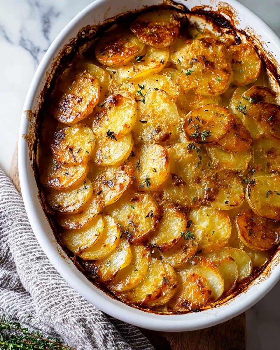 A close-up image of a baked potato dish in a white oven dish, showing one layer of thin round potato slices arranged neatly in overlapping circles. The potato slices are golden brown with slightly darker, crispy edges and sprinkled with small green herbs. The texture looks soft with a slightly caramelized top. The dish sits on a white marbled surface with a gray and white striped cloth partially visible on the side. Photo taken with an iphone --ar 4:5 --v 7