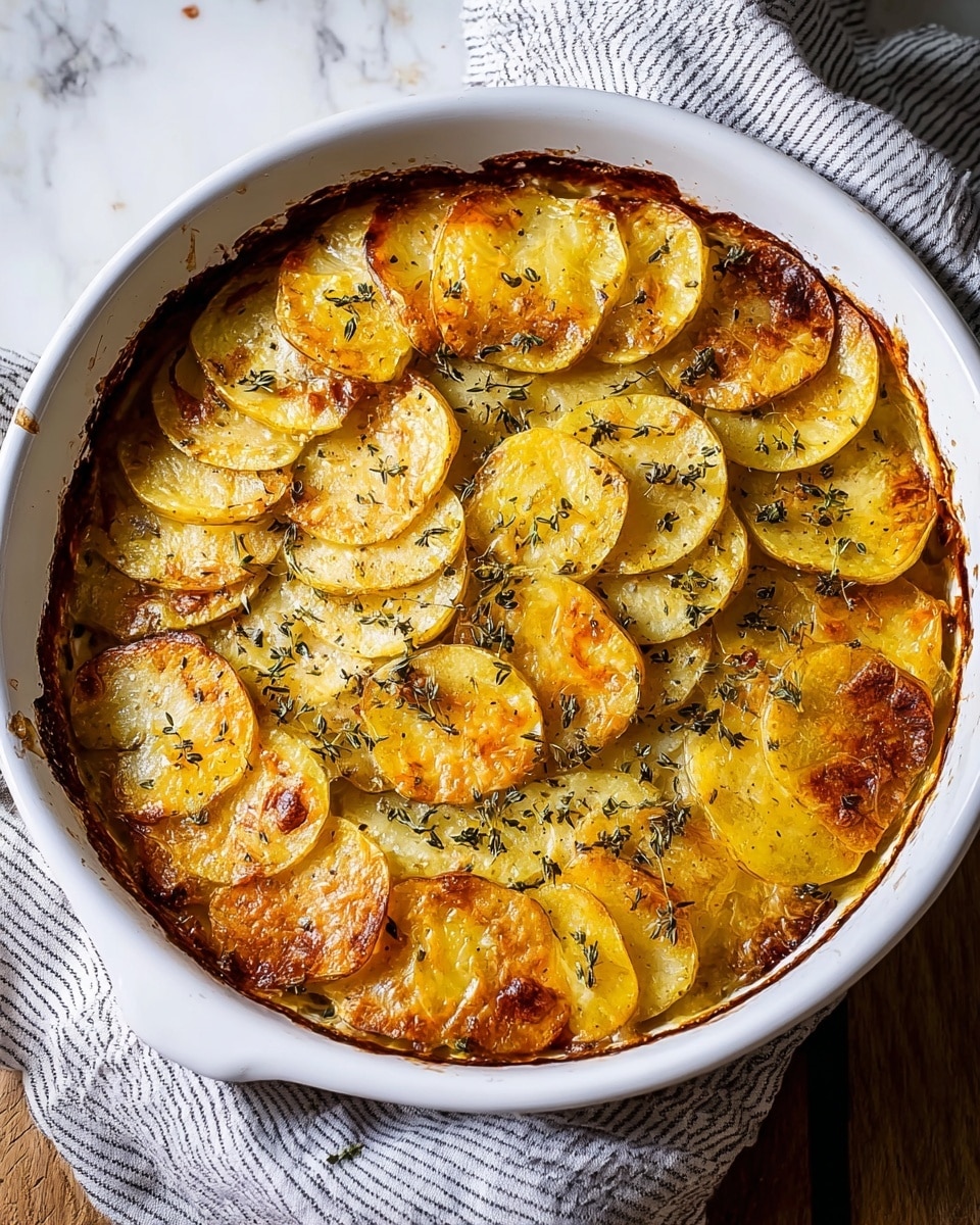 The image shows a round white baking dish filled with a layered potato gratin. The top layer consists of evenly arranged golden brown potato slices, each with a slightly crispy edge and soft centers. The potato slices have a light sprinkling of herbs on top, adding texture and color contrast. The dish sits on a white marbled surface, with a striped cloth partially under the dish. The potato slices are baked to a golden yellow with subtle browned spots, indicating a rich, creamy sauce beneath the top layer. Photo taken with an iphone --ar 4:5 --v 7