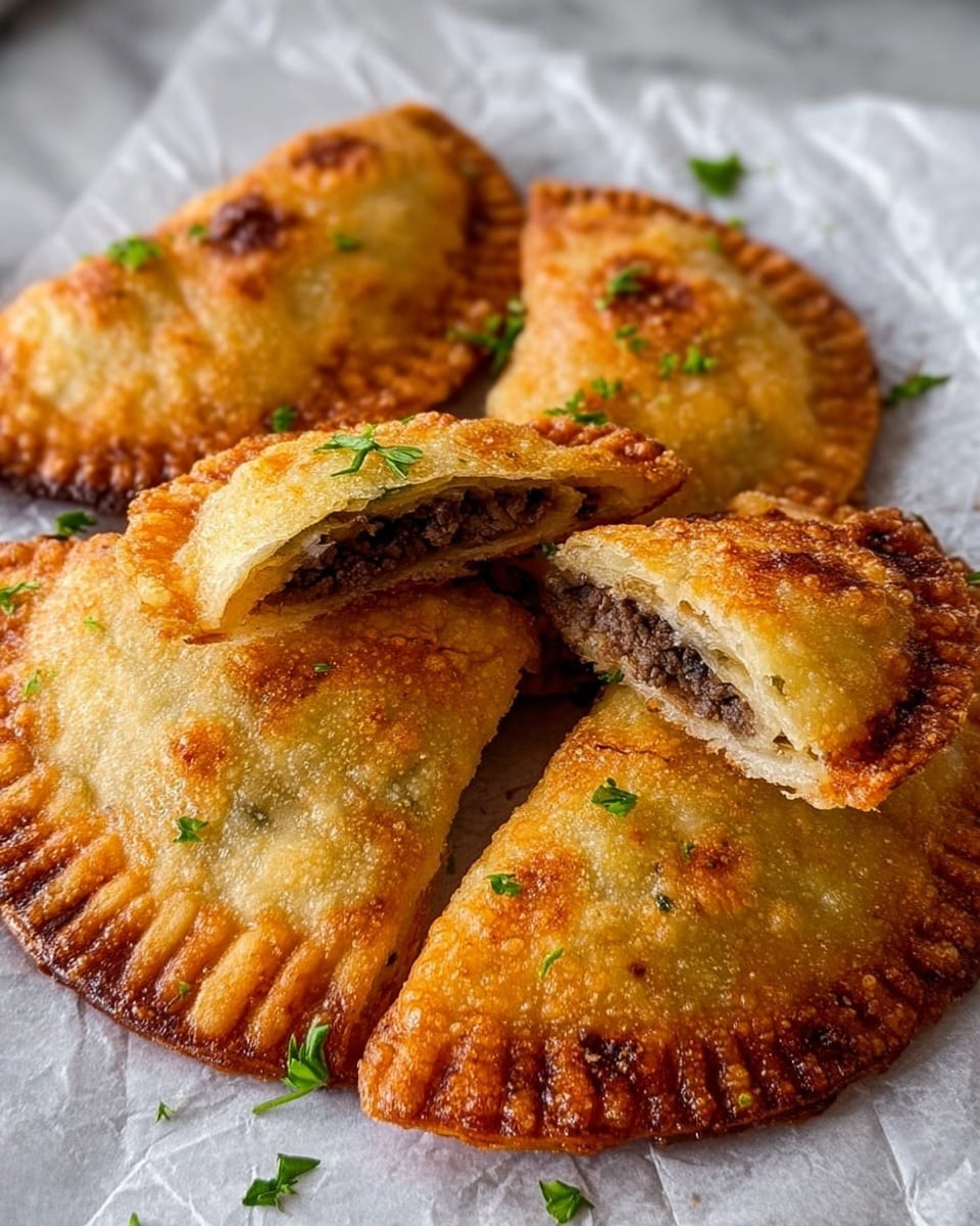 A close-up image of a group of 5 fried turnovers arranged on white parchment paper atop a white marbled surface. The turnovers have a golden brown crispy crust with a crimped edge and small browned bubbles all over the surface. One turnover is cut in half showing a dark brown ground meat filling. Small green herb sprigs are scattered on top. The texture of the crust looks crunchy and flaky, with the edges darker and crispier. Photo taken with an iphone --ar 4:5 --v 7