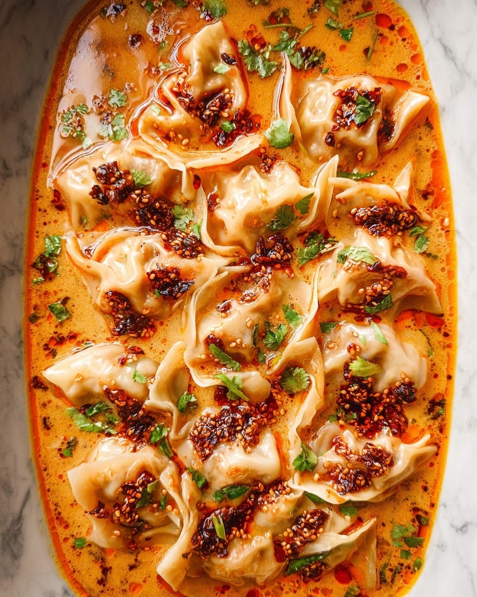 The image shows a close-up of many dumplings in a creamy orange broth. The dumplings have thin, slightly translucent dough that wraps around the filling, with some edges folded and others more open. On top of each dumpling, there are dollops of dark chili oil with visible seeds and small bits of green herbs scattered around. The broth is rich and smooth, with a slightly oily texture and a reddish tint from the chili oil. Small pieces of green herbs float on the surface, adding contrast. The scene is set on a white marbled surface. photo taken with an iphone --ar 4:5 --v 7