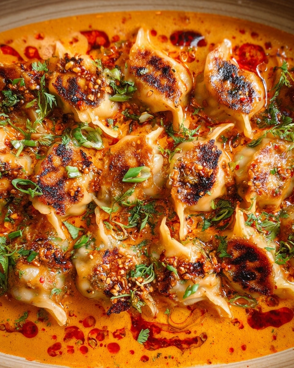 The dish shows a close-up view of many dumplings arranged side by side, each with a golden-brown crispy texture and some charred spots on the surface. They are partially submerged in a rich, creamy orange sauce that looks smooth and slightly oily, with pools of red chili oil spread across. Bright green herbs are sprinkled on top, adding contrast to the warm colors, and small bits of seasoning and garlic are visible over the dumplings. The whole image captures the dumplings and sauce in a delicious, inviting way. photo taken with an iphone --ar 4:5 --v 7