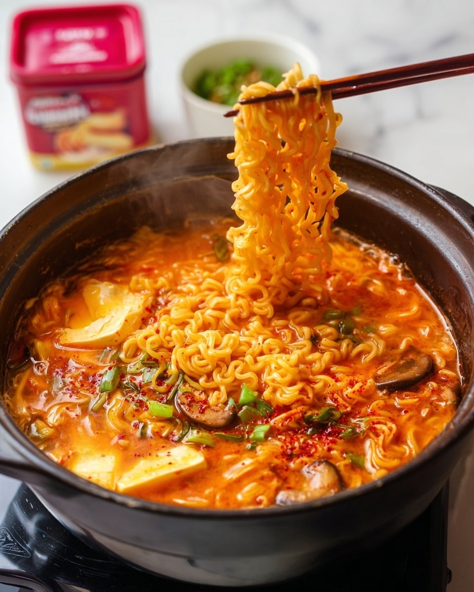 A close-up of a black pot filled with bright orange spicy soup, with steaming curly ramen noodles being lifted by a pair of dark chopsticks held by a woman's hand. The soup is rich with various ingredients like soft tofu, sliced mushrooms, and green onion pieces scattered on top. The broth is thick and oily with red chili flakes, giving it a vibrant color. The noodles show a soft, slightly wavy texture with some strands dripping back into the pot. In the background, there is a white bowl with green garnish and a red container with labeling, all placed on a white marbled surface. photo taken with an iphone --ar 4:5 --v 7