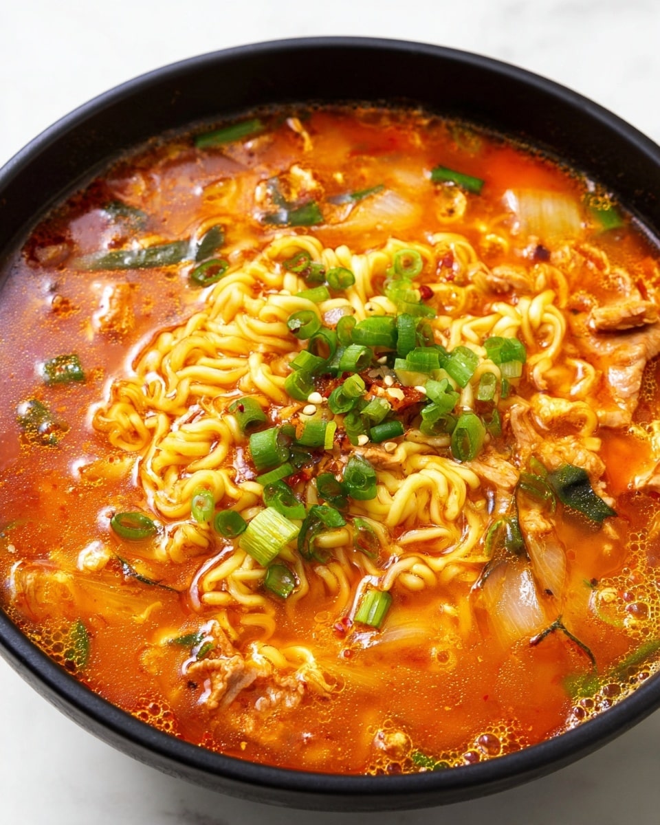 A black bowl filled with a rich orange-red soup base, containing soft, curly yellow noodles that sit near the center and spread outward, topped with chopped green onions scattered across the surface adding bursts of green. Layers beneath the noodles show bits of cooked meat with slight browning, along with translucent, thinly sliced onions blending into the broth. The soup has a slightly oily sheen, with flecks of red pepper flakes and tiny bubble textures throughout, showing warmth and spiciness. The bowl rests on a white marbled surface. photo taken with an iphone --ar 4:5 --v 7