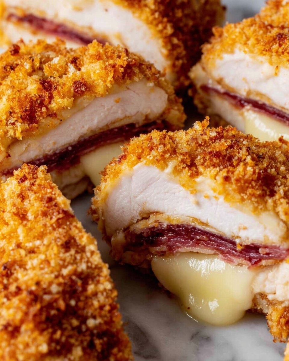 The image shows several thick slices of golden-brown breaded chicken stuffed with layers of melted white cheese and dark red ham inside. The chicken's outer crust is crispy and crunchy, with a rough texture and a warm, toasted color. Inside, the chicken meat is white and tender, followed by a thin layer of dark red ham, topped by a thick, gooey layer of creamy white melted cheese. The slices are close together on a white marbled surface, showing a rich contrast between the crispy outside and the soft inside. photo taken with an iphone --ar 4:5 --v 7