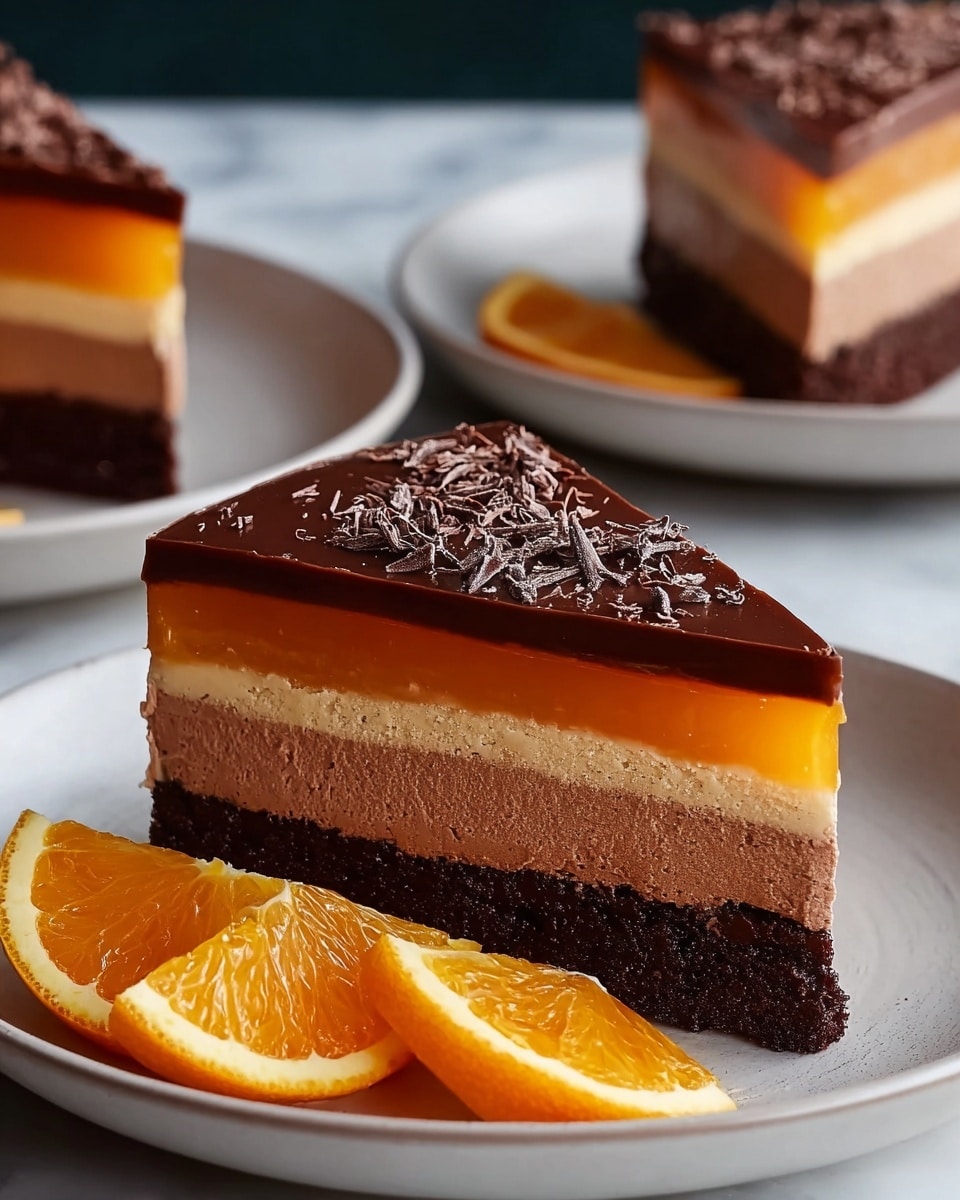 A slice of four-layered dessert is shown on a white plate with three orange slices on the side. The bottom layer is dark brown and appears dense and textured like a brownie base. Above it is a lighter brown mousse layer with a smooth yet slightly airy texture. The third layer is a glossy, bright orange jelly-like layer, firm and shiny. The top is a thick, smooth, dark chocolate ganache with shavings scattered over it. The plate sits on a white marbled surface, and two other similar plates with the same dessert are seen blurred in the background. photo taken with an iphone --ar 4:5 --v 7