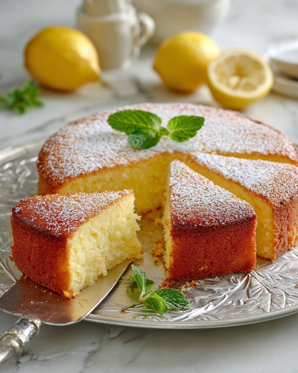 A soft, thick lemon cake with a golden brown crust on top and sides sits on a round silver tray placed on a white plate with delicate leaf patterns. The cake is cut into slices, showing a moist, pale yellow inside with a slightly crumbly texture. The top is dusted lightly with powdered sugar, and a small green mint leaf is placed in the center as decoration. A metallic cake server pulls out a slice from the cake, with two fresh whole lemons and a halved lemon blurred in the background. The scene rests on a white marbled textured surface. photo taken with an iphone --ar 4:5 --v 7
