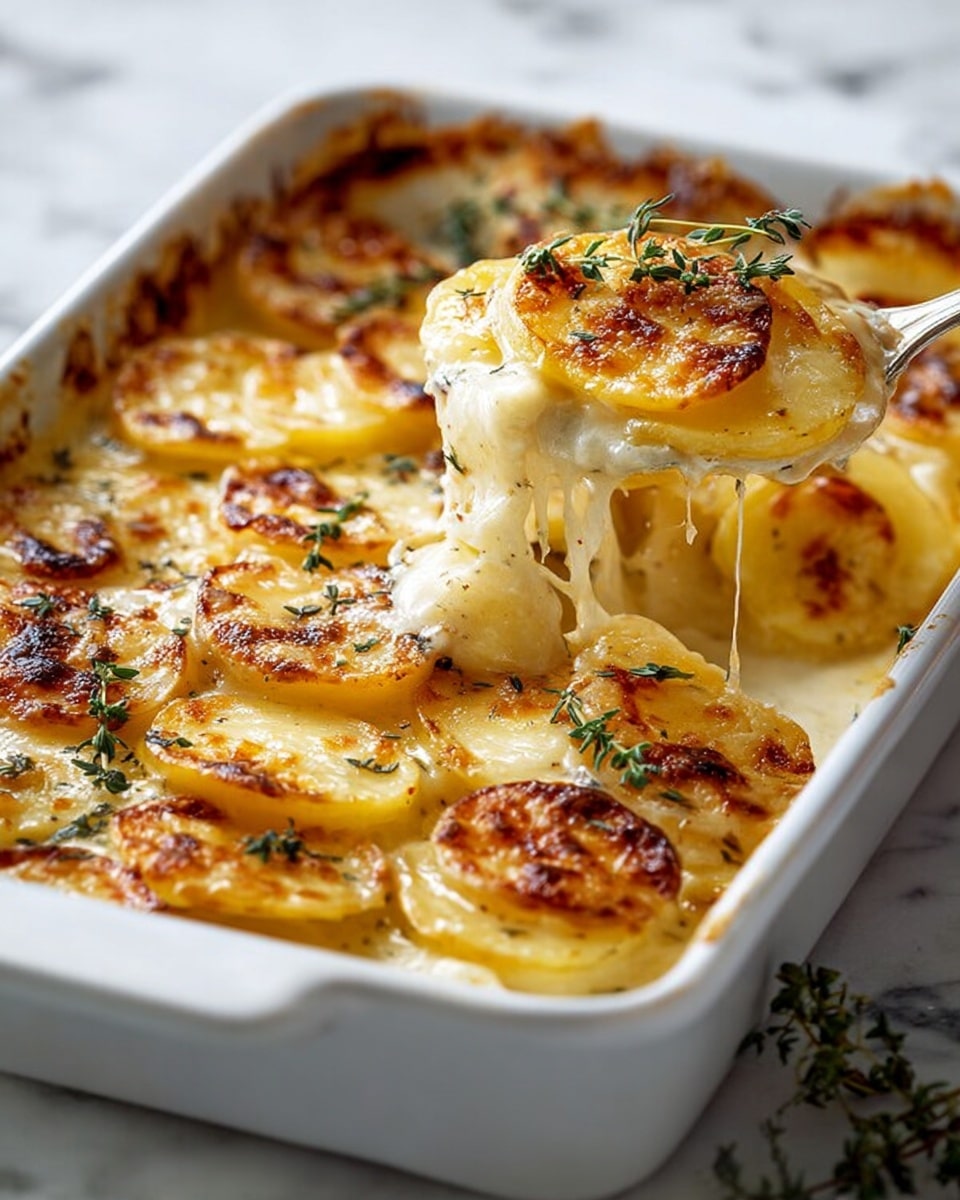 A white rectangular baking dish filled with multiple layers of thin, golden-brown potato slices, each layer covered with melted cheese that is gooey and stretchy as a spoon lifts a portion, showing several creamy, pale yellow potato layers with bubbly, browned cheese on top. Small green sprigs of thyme are scattered across the top for decoration, and the dish rests on a white marbled surface. Photo taken with an iphone --ar 4:5 --v 7