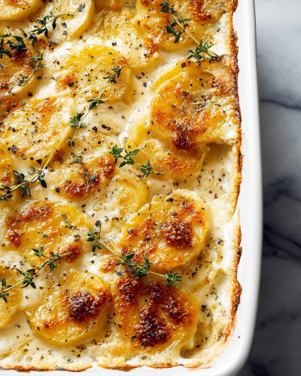 A close-up view of a white rectangular baking dish filled with creamy potato gratin, showing four visible layers. Each layer consists of thin, yellow potato slices topped with melted golden-brown cheese and sprinkled with black pepper and fresh green thyme leaves. The cheese is bubbly and slightly crisp on top, with some browned spots, while the creamy sauce peeks through the gaps between the potato slices. The dish sits on a white marbled surface, and the overall look is warm and rich. photo taken with an iphone --ar 4:5 --v 7