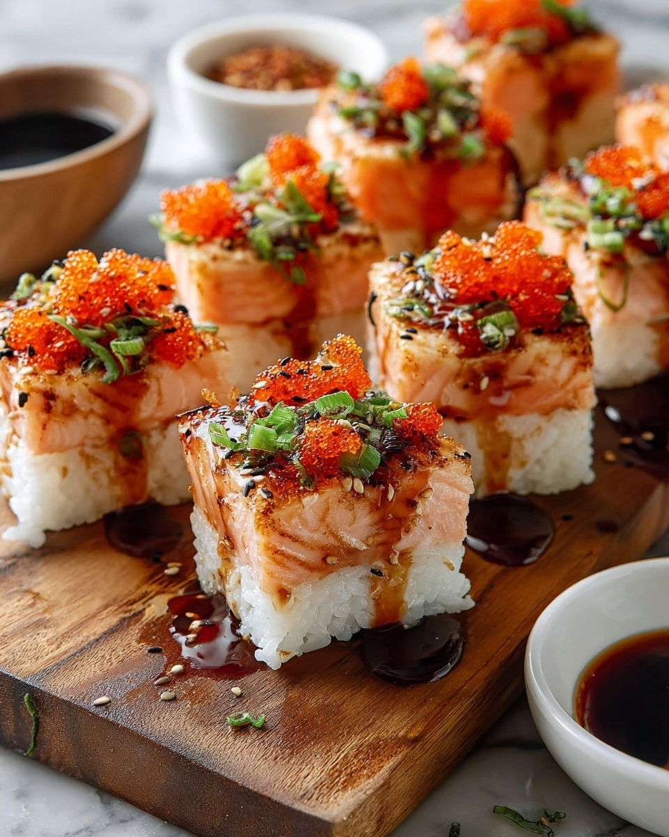 The image shows several square sushi pieces neatly arranged in two rows on a wooden board. Each piece has a base layer of white sticky rice with a smooth texture and an upper layer of lightly grilled salmon, showing a pinkish-orange color with a slight char on top. The salmon is topped with bright orange fish roe, finely chopped green onions, small black and white sesame seeds, and a drizzle of dark brown sauce that pools slightly around the sushi pieces. In the blurry background, there are small white bowls, one with a dark dipping sauce and another with reddish seasoning. The whole scene is set on a white marbled surface. photo taken with an iphone --ar 4:5 --v 7