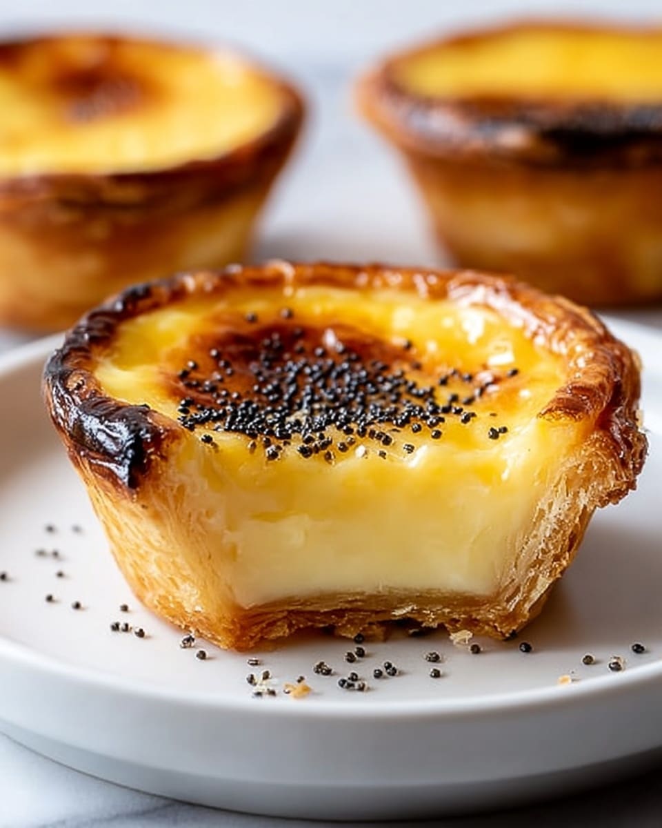 A close-up view of a creamy egg tart with three visible layers: the bottom layer is a golden flaky crust with a rough texture, the middle layer is a smooth, pale yellow custard filling, and the top layer is a slightly burnt caramelized surface with small black specks sprinkled on it. The tart is placed on a white plate with a few scattered black specks around it, and blurred tarts are seen in the background on a white marbled surface. photo taken with an iphone --ar 4:5 --v 7