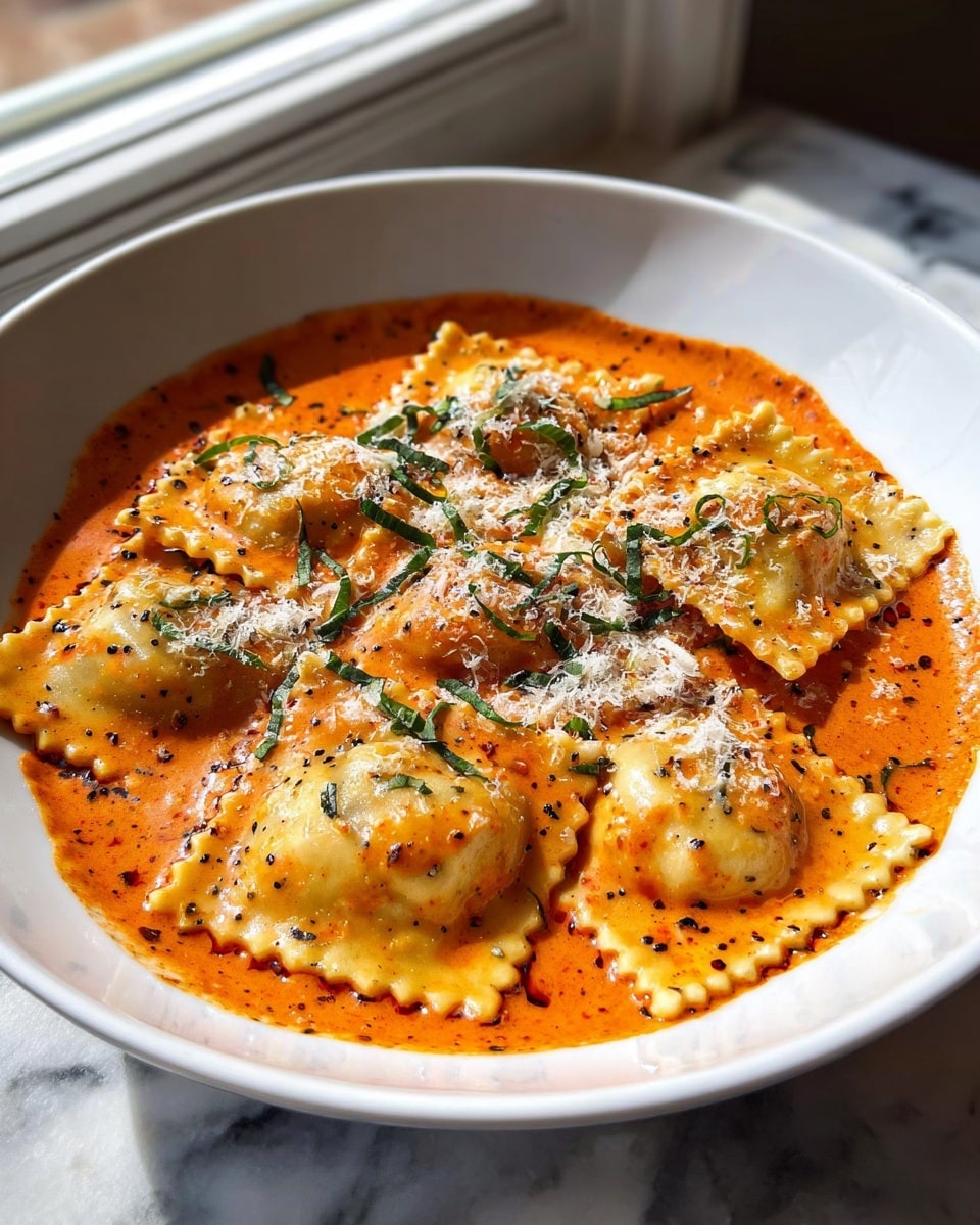 A white deep bowl holds a serving of ravioli, consisting of about ten square-shaped pieces with crimped edges, layered in creamy orange-red sauce. The sauce covers the bottom and sides of the bowl, with visible specks of black pepper and herbs spread throughout. Each ravioli piece has a light golden color, partially soaked with sauce, giving them a shiny, soft texture. On top, finely chopped green herbs and a sprinkling of white grated cheese add contrast and texture. The bowl is placed on a white marbled surface near a window with natural light shining on the dish, enhancing the vibrant colors. photo taken with an iphone --ar 4:5 --v 7