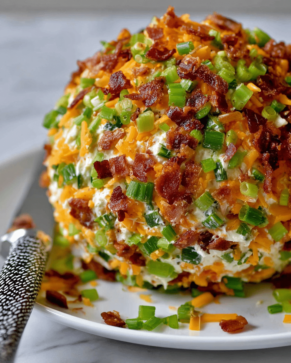 A round cheese ball covered fully with a colorful mix of bright green chopped scallions, crispy brown bacon bits, and shredded orange cheddar cheese, all sticking to a creamy white base layer. The cheese ball is placed on a white plate, sitting on a white marbled surface. In the front left corner, a knife with a black and white patterned handle is partly visible. The close-up shot highlights the texture of the creamy middle and the fresh, crunchy toppings. photo taken with an iphone --ar 4:5 --v 7