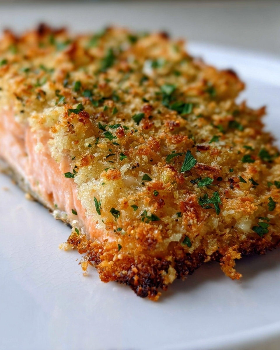 A close-up of a piece of salmon on a white plate set on a white marbled surface. The bottom layer is the soft, pink salmon fillet with visible flakes. On top is a thick, golden-brown crispy crust made from breadcrumbs, herbs, and shredded cheese, sprinkled with small green parsley pieces. The crust shows textures of toasted crumbs with some darker browned spots around the edges, giving a crunchy look. The image is focused on the front part of the salmon with the rest softly blurred. Photo taken with an iphone --ar 4:5 --v 7