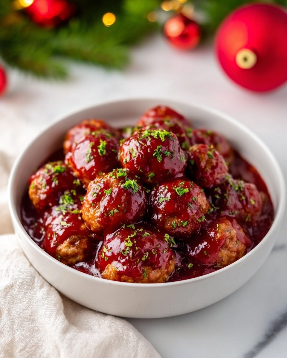 A white bowl filled with about twelve small, round meatballs evenly coated in a thick, glossy deep red sauce. The meatballs are a light golden brown color under the sauce. Small bits of bright green herbs are sprinkled over the top, adding a fresh touch of color. The bowl sits on a white marbled surface with a soft white cloth slightly visible on the left side. In the background, blurred red holiday ornaments and green pine branches add a festive feel. photo taken with an iphone --ar 4:5 --v 7
