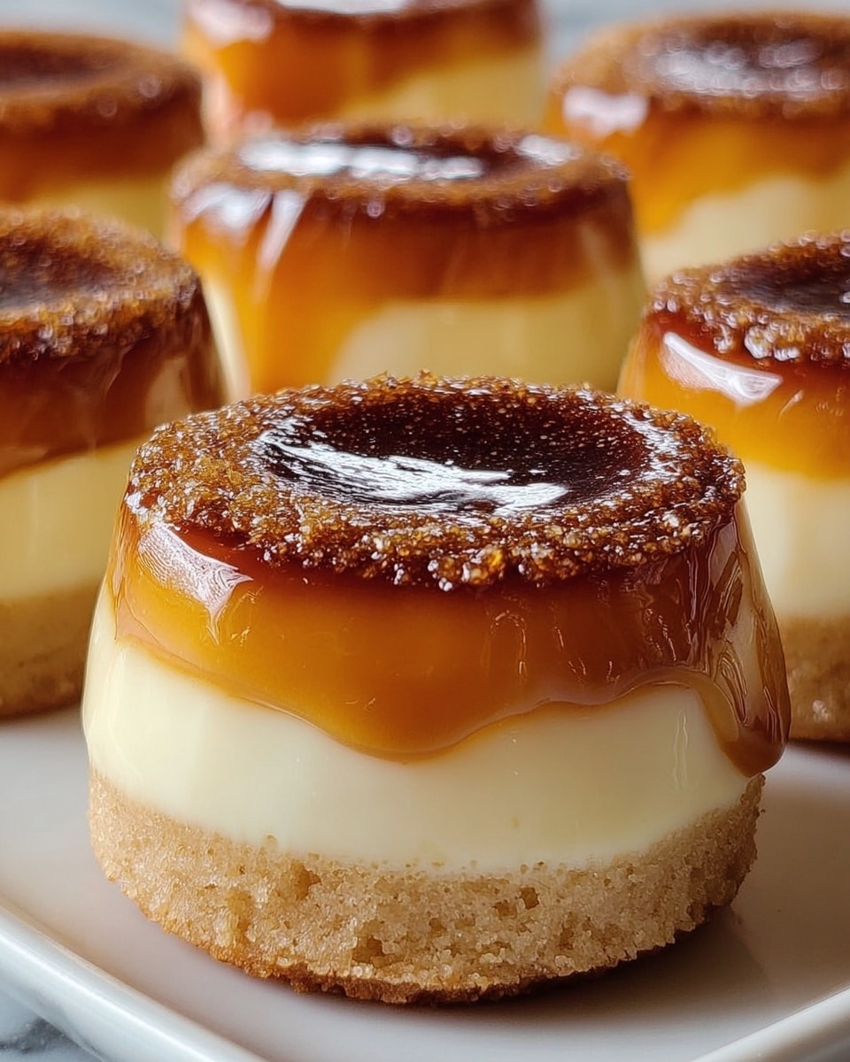 A close-up view of a small dessert with four layers. The bottom layer is a light brown cake base with a slightly rough texture. Above it is a glossy, golden translucent jelly layer. The third layer is a creamy, smooth off-white custard, topped by a thick, shiny caramel glaze with a burnt sugar crust that looks crunchy and dark brown. The dessert sits on a white plate, and more of the same desserts are blurred in the background on a white marbled surface. photo taken with an iphone --ar 4:5 --v 7