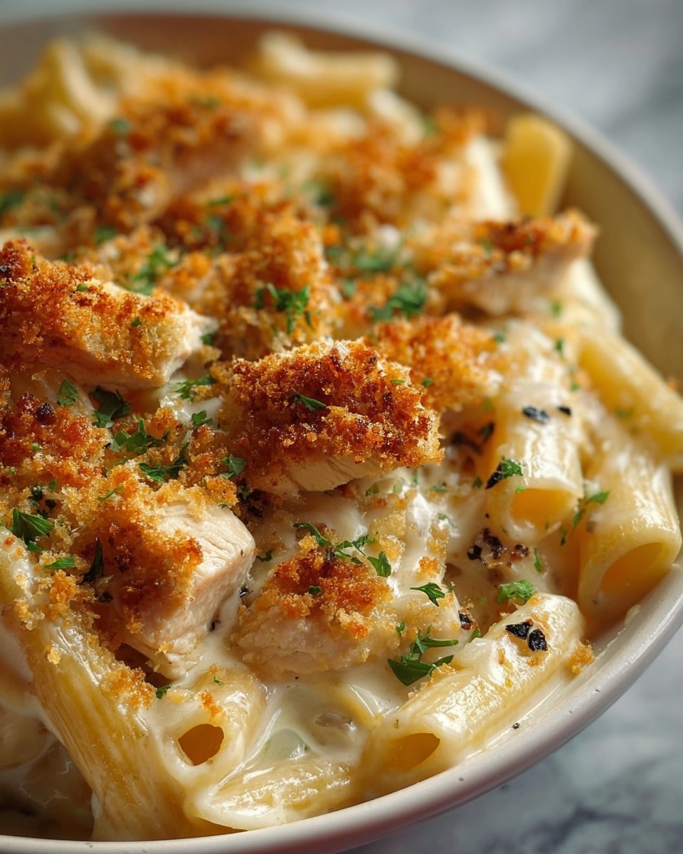 The dish shows a close-up of creamy baked pasta with penne coated in a smooth white cheese sauce as the base layer, topped with chunks of light golden brown chicken pieces. A crispy golden breadcrumb layer is sprinkled on top, giving a crunchy texture. Small green parsley leaves and black pepper flakes are scattered throughout, adding color contrast. The food is served in a white bowl, set on a white marbled surface. photo taken with an iphone --ar 4:5 --v 7